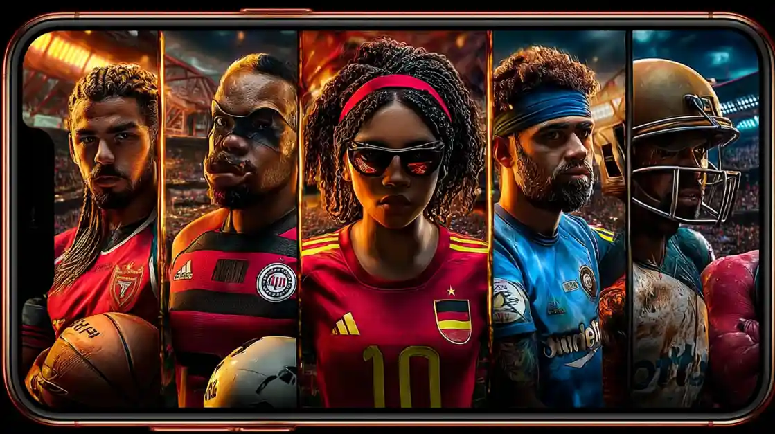 A smartphone screen displays a powerful collage of diverse male and female athletes from various sports, including football and soccer, representing the comprehensive sports betting options at 2777bd.