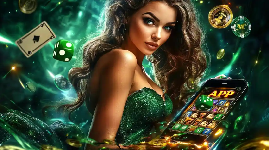 An enchanting woman with flowing hair, adorned in green, gazes captivatingly, surrounded by floating cards, dice, and coins, alongside a smartphone featuring the 2777bd gaming app.
