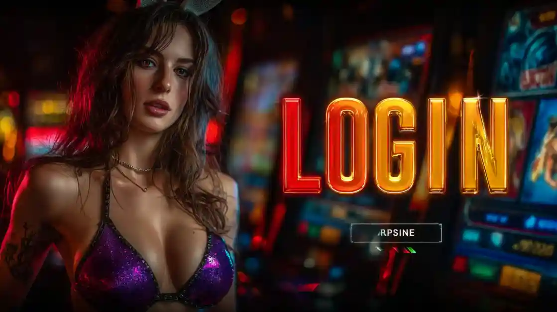 A captivating woman in a shimmering top stands beside a prominent LOGIN interface, with 2777bd slot machines softly blurred in the background, inviting users to enter the world of 2777bd.