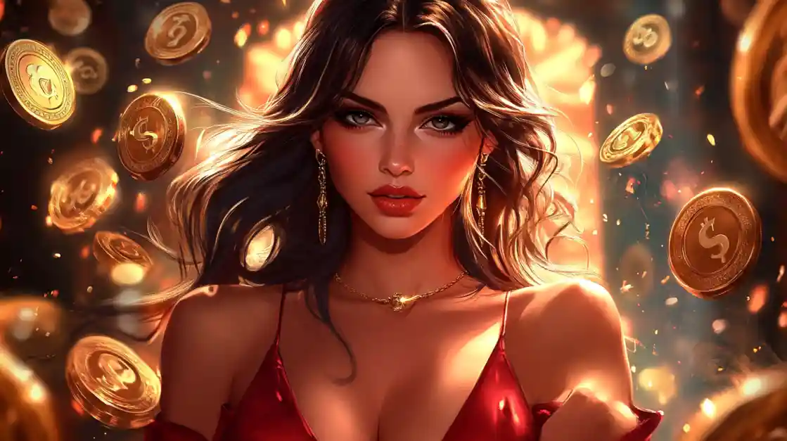 A stunning woman in a red dress, adorned with delicate jewelry, looks directly at the viewer as a shower of golden 2777bd coins rains down around her, symbolizing big wins.